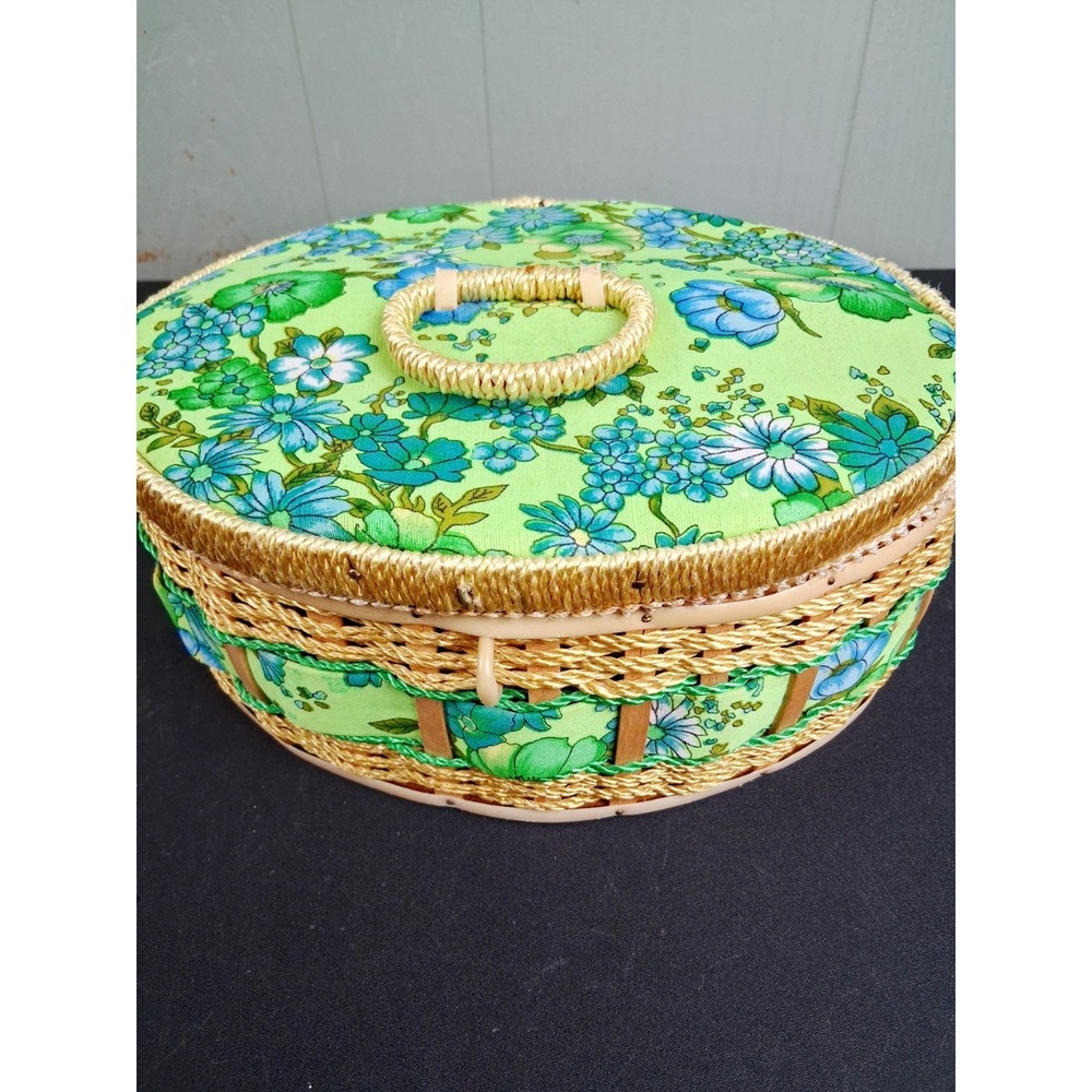 Vintage Fabric Sewing Basket Green Floral 70s Wicker Handle Lined Granny Oval